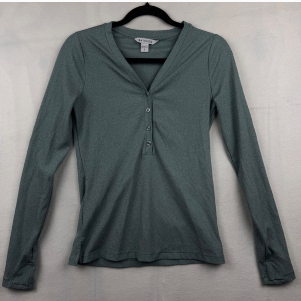 Athleta Uptempo Ribbed Henley Top Long Sleeve V-Neck Women's Small Sage Green